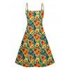 Hawaii Floral Print V Neck High Waist Spaghetti Strap Dress and Roll Up Sleeve Shirt Outfit - Orange S | US 4