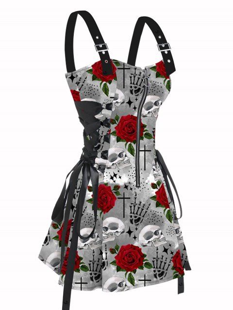 Gothic Colorful Skull Rose Print Lace Up Mini Dress Half Zipper Adjustable Buckle Strap Dress