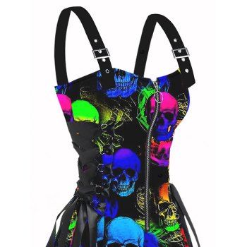 Gothic Colorful skull Print Lace Up Mini Dress Half Zipper Adjustable Buckle Strap Dress