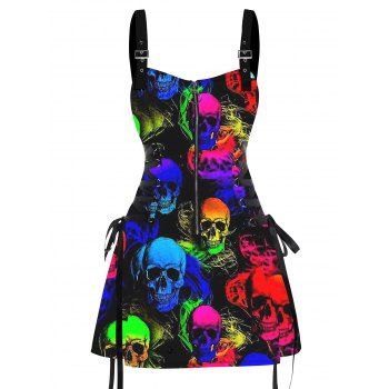 Gothic Colorful skull Print Lace Up Mini Dress Half Zipper Adjustable Buckle Strap Dress 