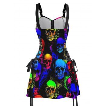 Gothic Colorful skull Print Lace Up Mini Dress Half Zipper Adjustable Buckle Strap Dress 