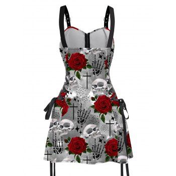 Gothic Colorful Skull Rose Print Lace Up Mini Dress Half Zipper Adjustable Buckle Strap Dress 
