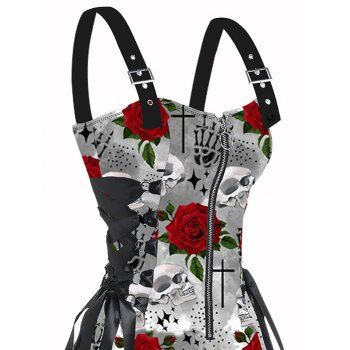 Gothic Colorful Skull Rose Print Lace Up Mini Dress Half Zipper Adjustable Buckle Strap Dress