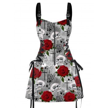 Gothic Colorful Skull Rose Print Lace Up Mini Dress Half Zipper Adjustable Buckle Strap Dress 