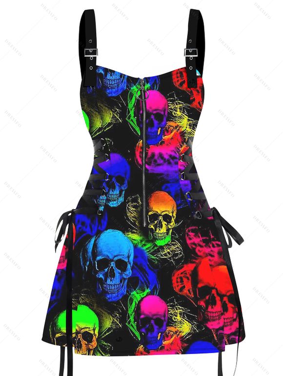 Mini Robe Patineuse Gothique Colorée Imprimée à Demi-Zip à Bretelle Bouclée - Noir XL | US 12