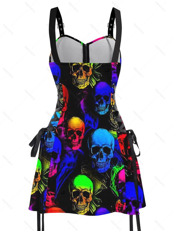 Mini Robe Patineuse Gothique Colorée Imprimée à Demi-Zip à Bretelle Bouclée - Noir XL | US 12