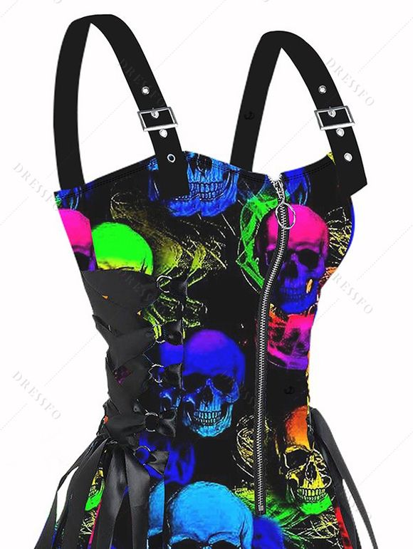 Mini Robe Patineuse Gothique Colorée Imprimée à Demi-Zip à Bretelle Bouclée - Noir XL | US 12