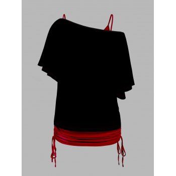 Music Festival Rock Band Style Print Oblique Shoulder T-shirt And Cinched V Neck Spaghetti Strap Camisole Two Piece Set 