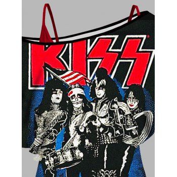 Music Festival Rock Band Style Print Oblique Shoulder T-shirt And Cinched V Neck Spaghetti Strap Camisole Two Piece Set 