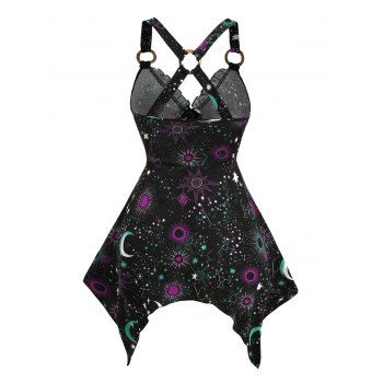 Galaxy Sun Star Moon O Ring Lace Up Handkerchief Hem Summer Tank Top 