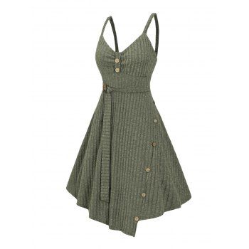 Ribbed Mock Button Ruched Bust Asymmetric Dress Sleeveless Self Belt Spaghetti Strap Dress 