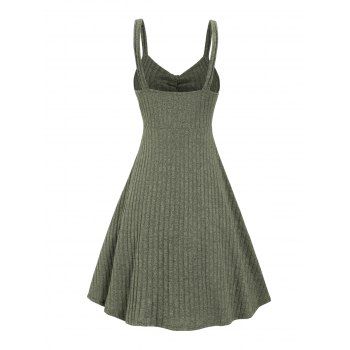 Ribbed Mock Button Ruched Bust Asymmetric Dress Sleeveless Self Belt Spaghetti Strap Dress 