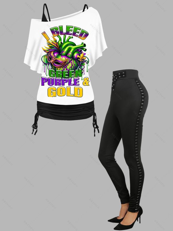 Mask Gothic Print T-shirt And Cinched Top Set and Solid Color Buckle Grommet Pants Outfit - WHITE S | US 4