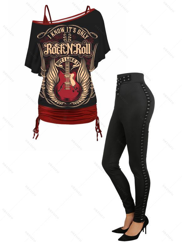 Guitar Print T-shirt And Cinched Top Set and Solid Color Buckle Grommet Pants Outfit - Noir S | US 4