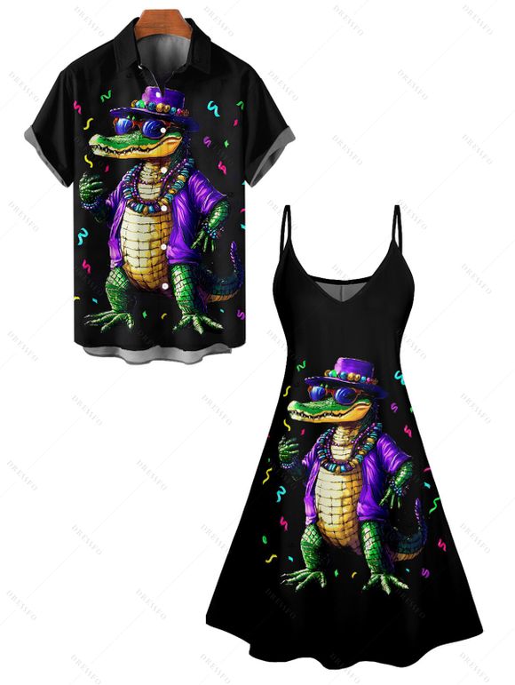 Crocodile Goth Rock Restival Print V Neck Spaghetti Strap Mini Dress And Short Sleeve Shirt Matching Outfit - Noir S | US 4