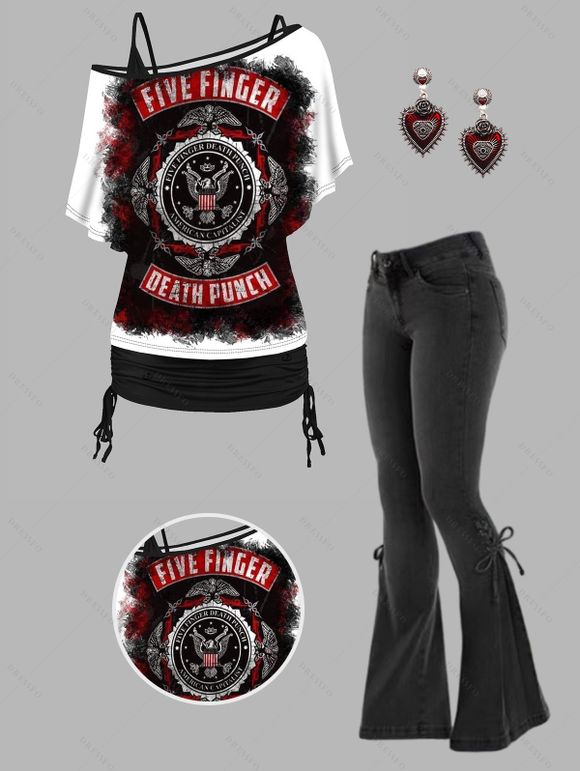 Music Festival  Graphic Printed T-Shirt With Jeans Earrings Women's Set - Blanc S | US 4