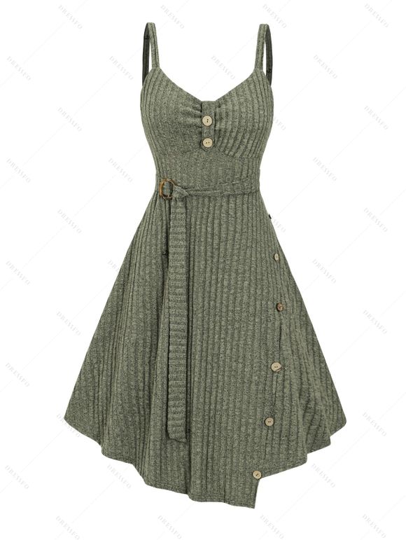 Robe à Bretelle Fine Asymétrique Côtelée avec Bouton sans Manches - Vert profond L | US 8-10