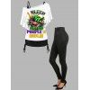 Mask Gothic Print T-shirt And Cinched Top Set and Solid Color Buckle Grommet Pants Outfit - WHITE S | US 4