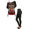 Guitar Print T-shirt And Cinched Top Set and Solid Color Buckle Grommet Pants Outfit - Noir S | US 4