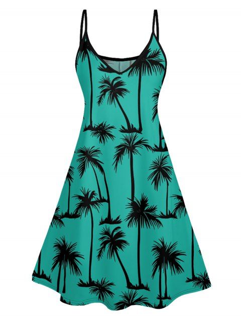 Palm Tree Print Hawaii Vacation Dress Spaghetti Strap V Neck A Pendulum Mini Dress