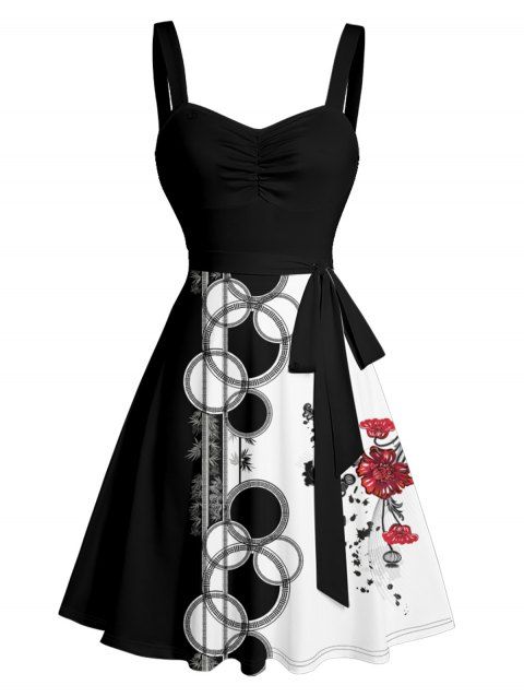 Contrast Color Geometric Floral Print Dress Ruched Bust Belt Sleeveless A Line Dress