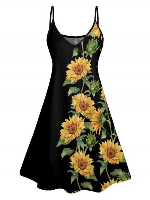 Hawaiian Vacation sunflower Pattern Print Dress V Neck Spaghetti Straps A Line  Dresses