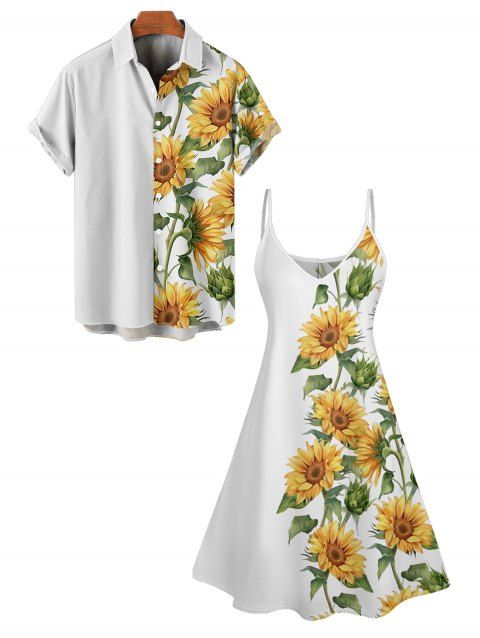 Hawaiian Vacation Sunflower Pattern Printed Dress and Rolled Sleeve  Shirt Couple's Set