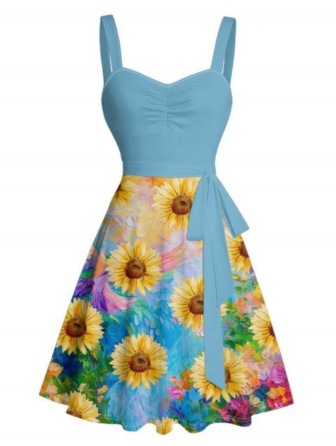 Robe Irrégulière Tournesol Imprimé avec Bouton de Poitrine sans Manches