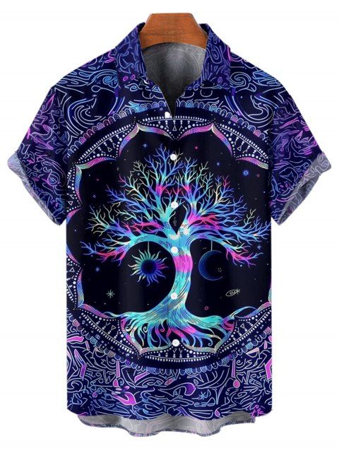 Chemise Décontractée Arbre de Vie Coloré Imprimé Boutonnée Manches Roulées pour Homme