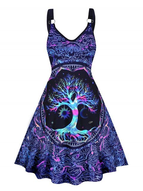 Robe Ligne A Arbre de Vie Coloré Imprimé sans Manches à Bretelle
