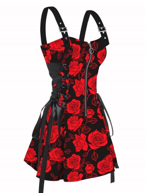 Robe de Fête Ajustable avec Fermeture Éclair et Boucle en O Imprimé Roses Rouges sans Manches pour Femmes