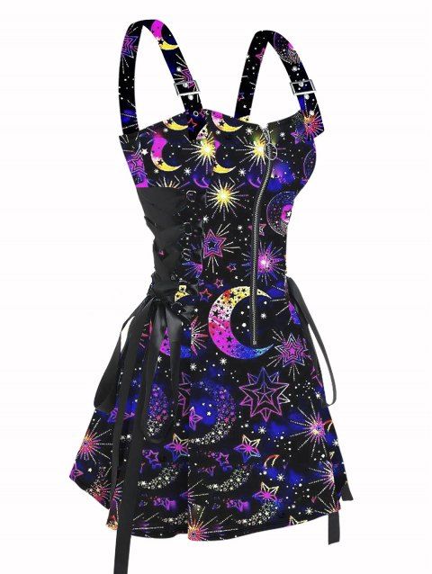 Gothic Sun Moon Star Pattern Print Lace Up Dress Half Zipper Adjustable Buckle Shoulder Strap A Line Mini Dress