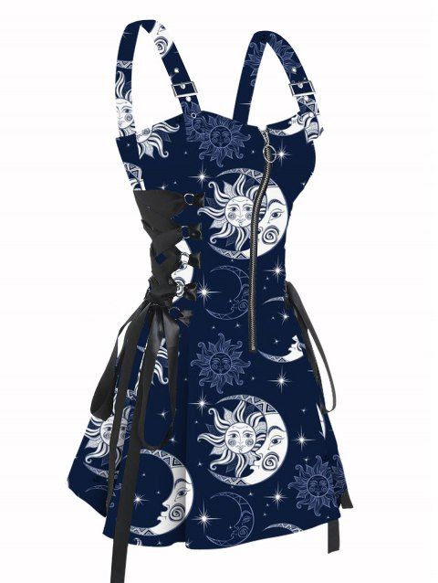 Music Festival Celestial Sun Moon Pattern Print Lace Up Dress Adjustable Buckle Shoulder Strap Half Zipper Mini Dress