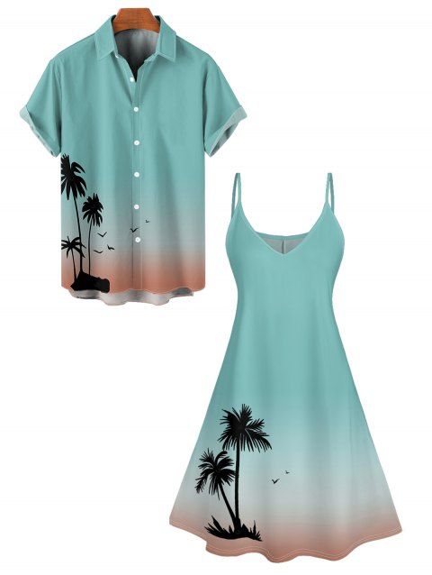 Ombre Palm Tree Print Hawaii Vacation Spaghetti Strap V Neck A Pendulum Mini Dress And Short Sleeve Shirt Matching Outfit