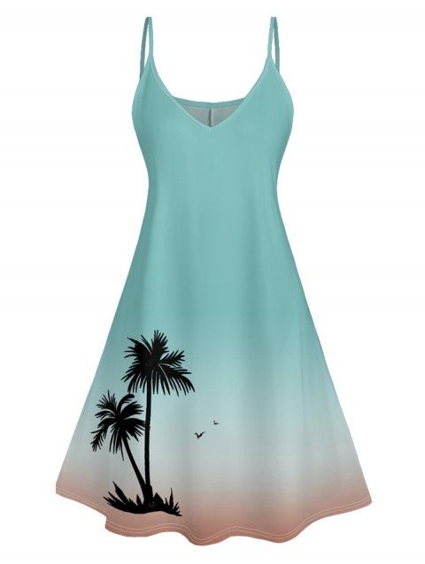Palm Tree Print Hawaii Vacation Dress Spaghetti Strap V Neck Mini Dress
