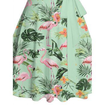 Flamingo Leaf Floral Print Vacation Belt Dress Ruched Bust Sleeveless A Line Hawaii Dress