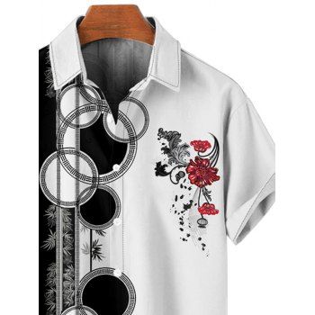 Men`s Contrast Color Geometric Floral Print Shirt Button Up Roll Up Sleeve Vacation Shirt 
