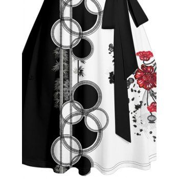 Contrast Color Geometric Floral Print Dress Ruched Bust Belt Sleeveless A Line Dress