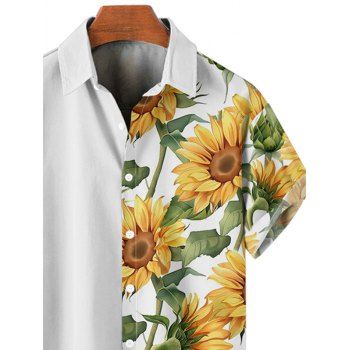 Hawaiian Vacation Sunflower Pattern Printed Shirt Color Block Button  Short Sleeve Shirt 