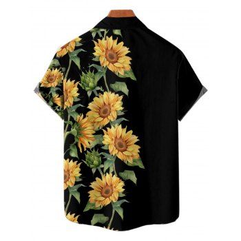 Hawaiian Vacation Sunflower Pattern Printed Shirt Color Block Button  Short Sleeve Shirt 