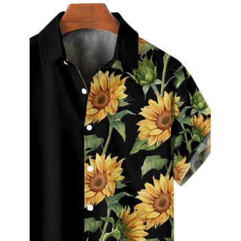 Hawaiian Vacation Sunflower Pattern Printed Shirt Color Block Button  Short Sleeve Shirt 