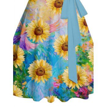 Sweetheart Neck Van Gogh Sunflower Print Mock Button Ruched Bust Tank Belt Renaissance Dress