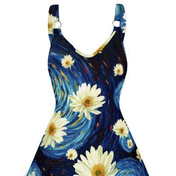 Rainbow Colors Sweetheart Neck Van Gogh Daisy Print Mock Button Ruched Bust Tank Belt Renaissance Dress 