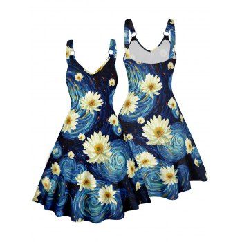 Rainbow Colors Sweetheart Neck Van Gogh Daisy Print Mock Button Ruched Bust Tank Belt Renaissance Dress 