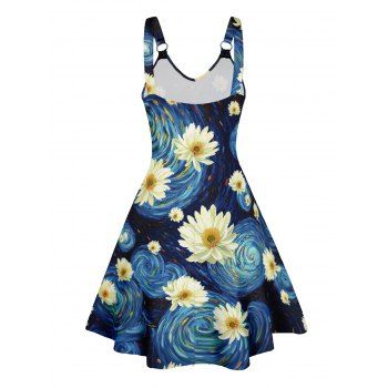 Rainbow Colors Sweetheart Neck Van Gogh Daisy Print Mock Button Ruched Bust Tank Belt Renaissance Dress 