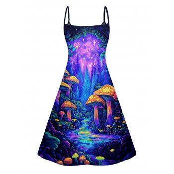Colorful Big Mushroom Print V Neck High Waist Spaghetti Strap Dress Sleeveless Summer A Line Cami Dress 