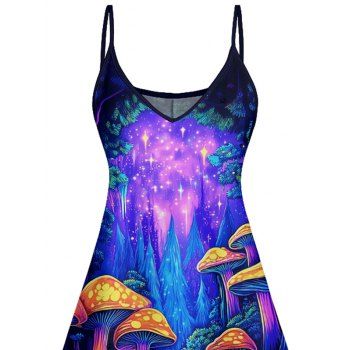 Colorful Big Mushroom Print V Neck High Waist Spaghetti Strap Dress Sleeveless Summer A Line Cami Dress 