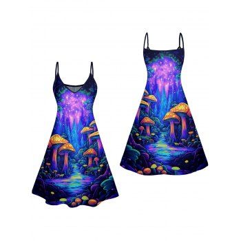 Colorful Big Mushroom Print V Neck High Waist Spaghetti Strap Dress Sleeveless Summer A Line Cami Dress 