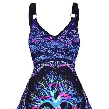 Colorful Life Tree Print V Neck Dress O Ring Straps Sleeveless A Line Tank Dress