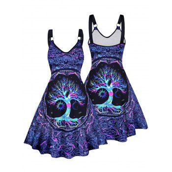 Colorful Life Tree Print V Neck Dress O Ring Straps Sleeveless A Line Tank Dress 